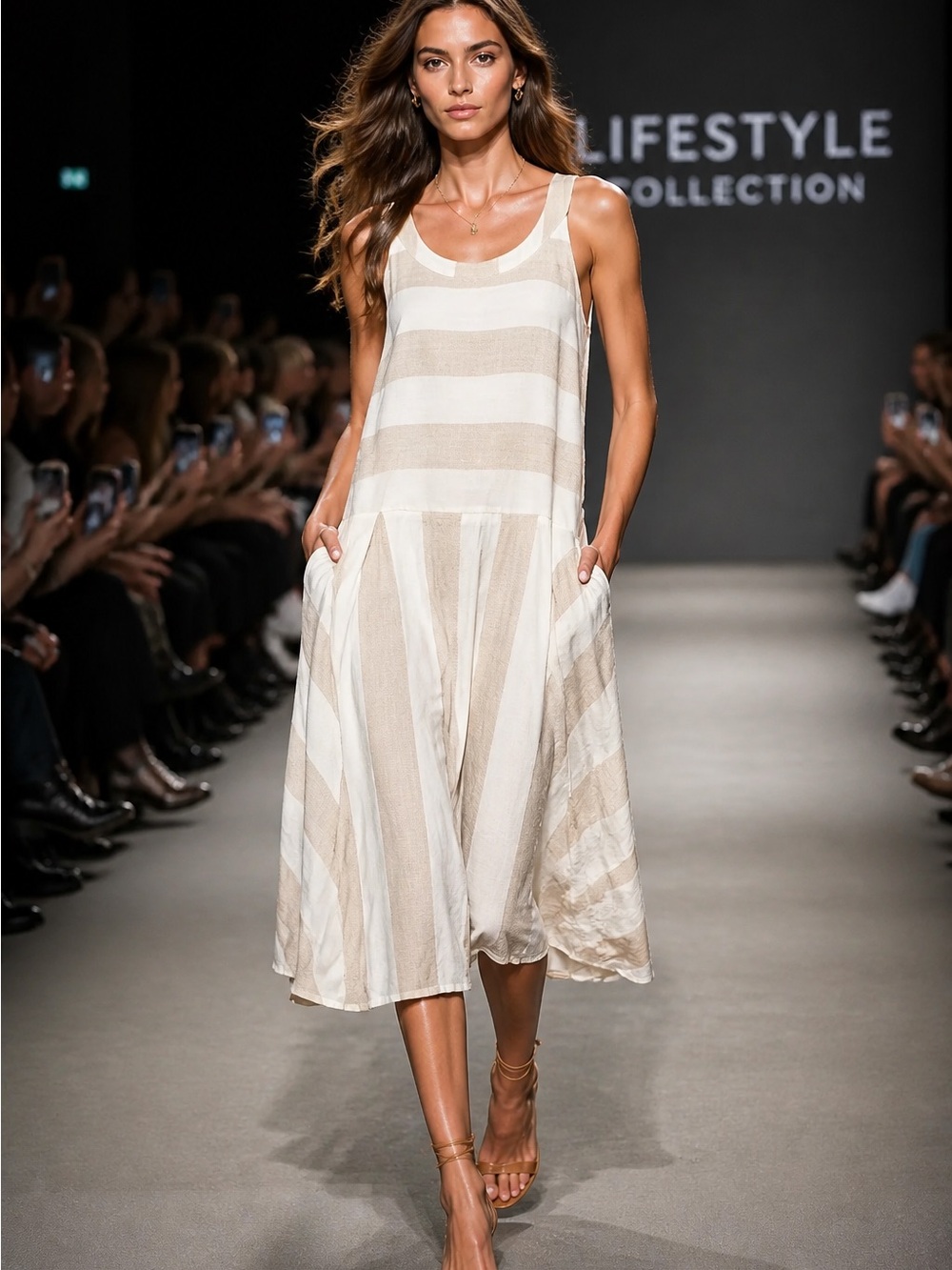 Esley Beige and White Striped Sleeveless Midi Dress